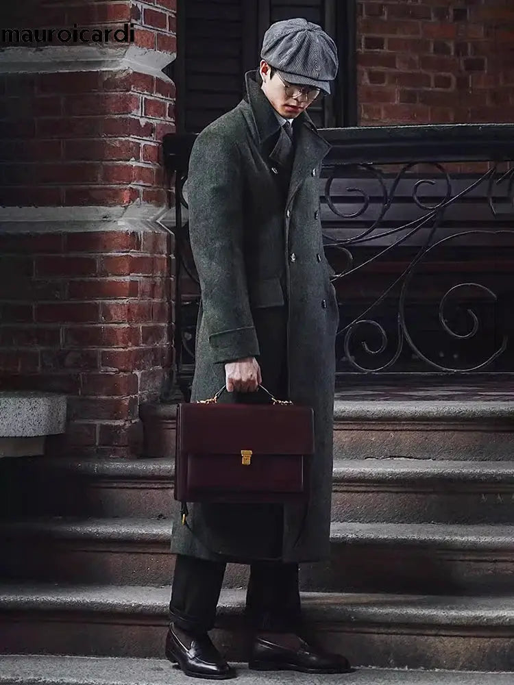 Green wool-blend long double-breasted men's overcoat by Mauroicardi, England-style luxury