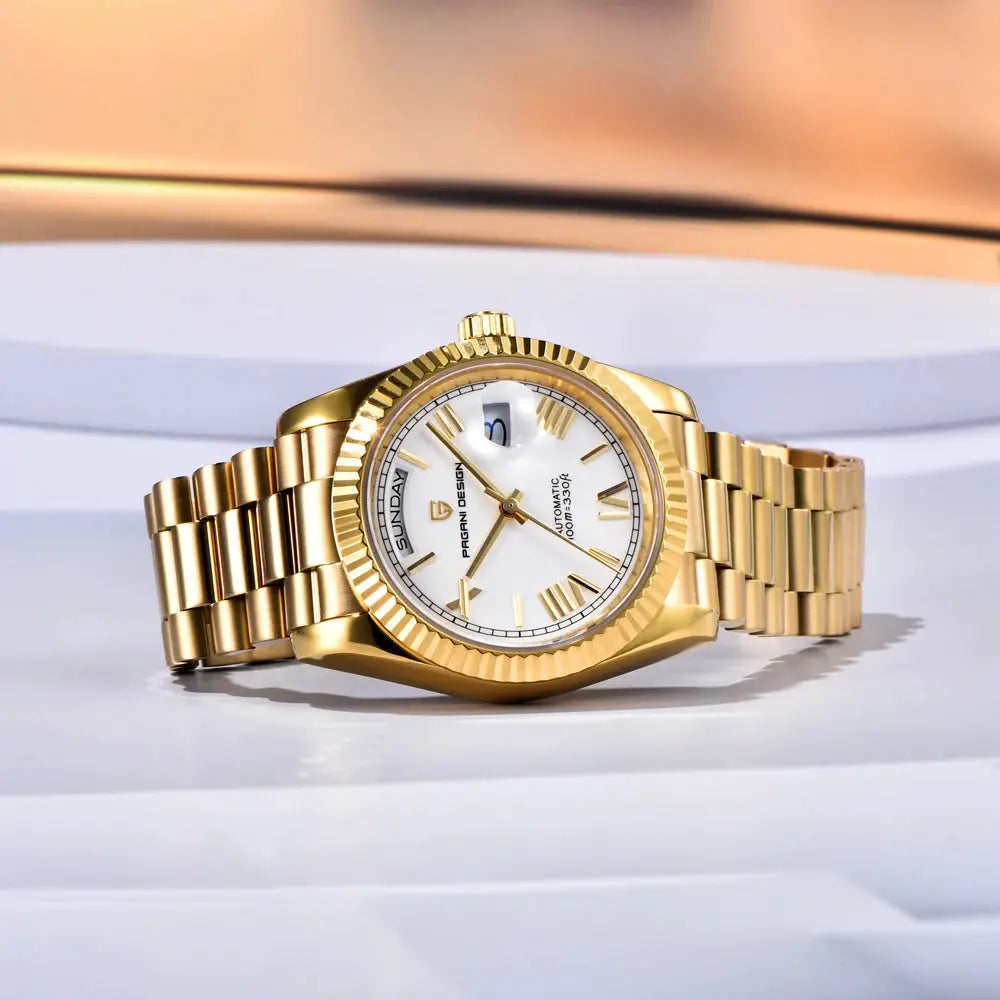Pagani Design gold-tone men's watch with white dial, date window and stainless steel bracelet