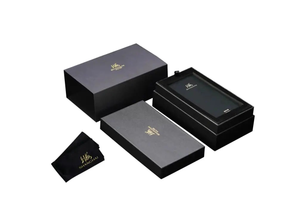 Shanghai watch packaging set with three black boxes and a small Shanghai logo pouch