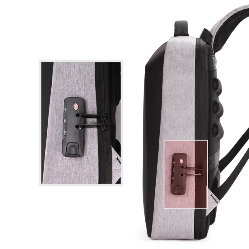 Men's casual hard-shell anti-theft backpack, gray with black trim, USB charging port