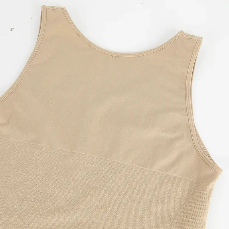 Beige men's shapewear bodysuit with sleeveless design and tummy-control compression.