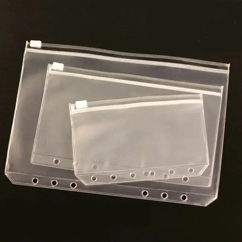 Clear PVC binder zipper pockets set (10 pcs) for A5/A6/A7 with 6-ring binder holes