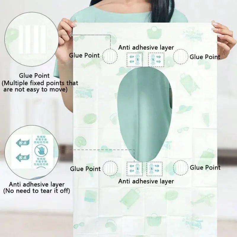 Disposable toilet seat covers with waterproofing, portable travel packaging; 10/20/30/50 pieces.