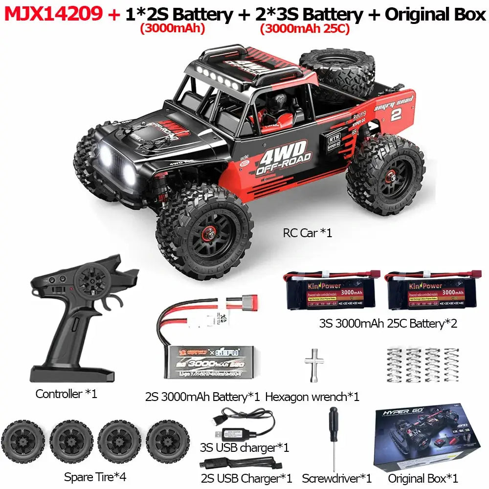 Simples Market MJX 14209 1/14 brushless RC car, red and black, 4WD off-road with remote and accessories