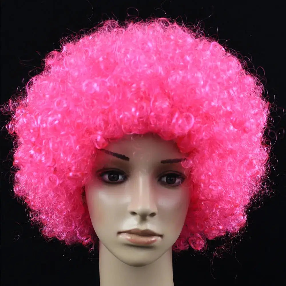 Women cosplay wig in bright pink, short curly Afro-style synthetic hair for daily wear or party cosplay.