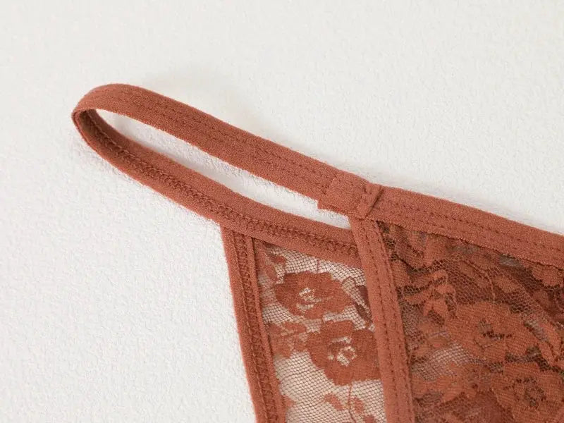 Lace thong underwear in brown with floral sheer mesh panel