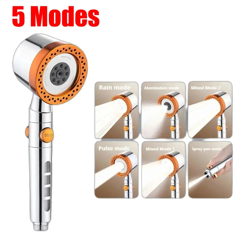 Simples Market 5-mode portable handheld shower head with chrome body and orange ring, high-pressure spray.