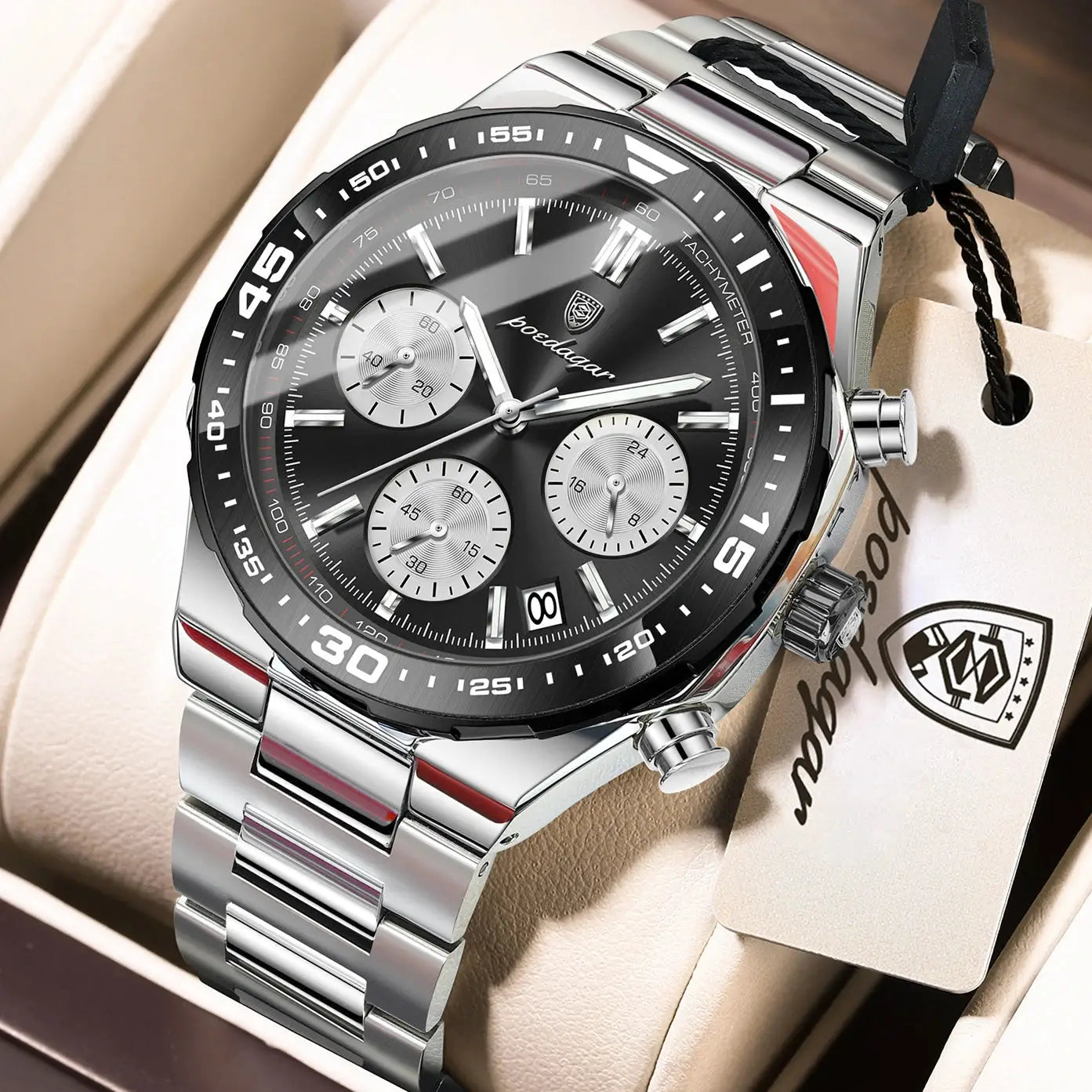 POEDAGAR men's stainless steel chronograph watch with black dial, luminous hands, date window, tachymeter bezel.