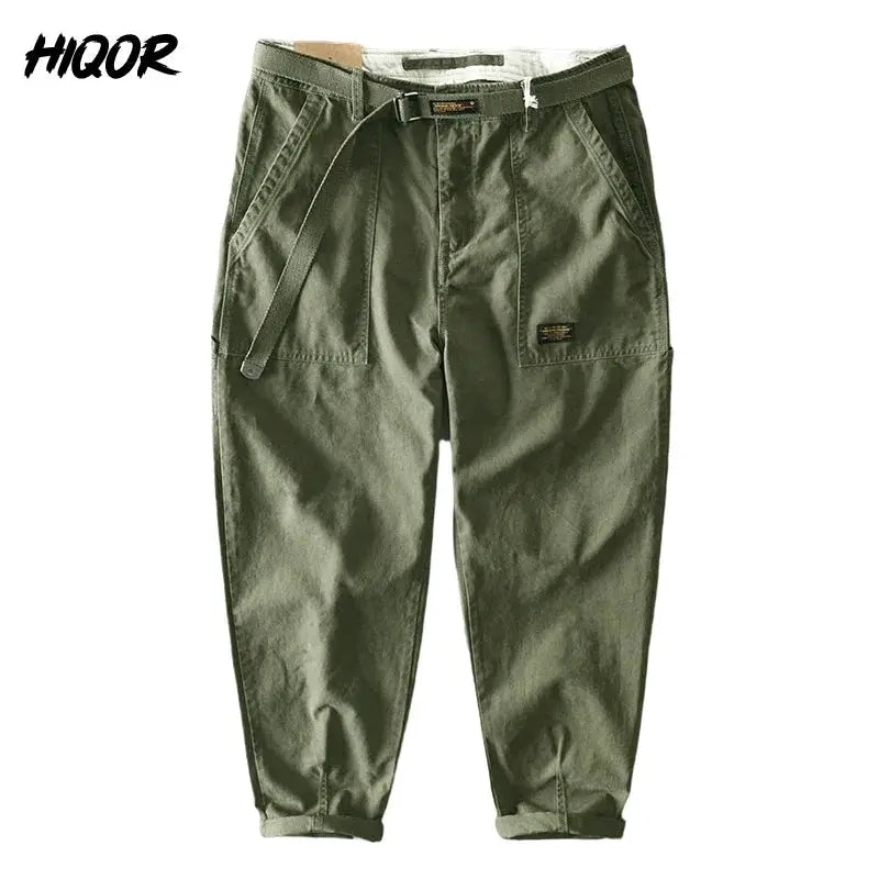 HIQOR men's cargo pants olive green with belt, multi-pocket baggy streetwear