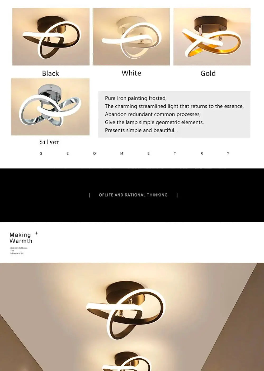 Simples Market LED strip ceiling light with interlocking rings; available in black, white, gold, and silver.