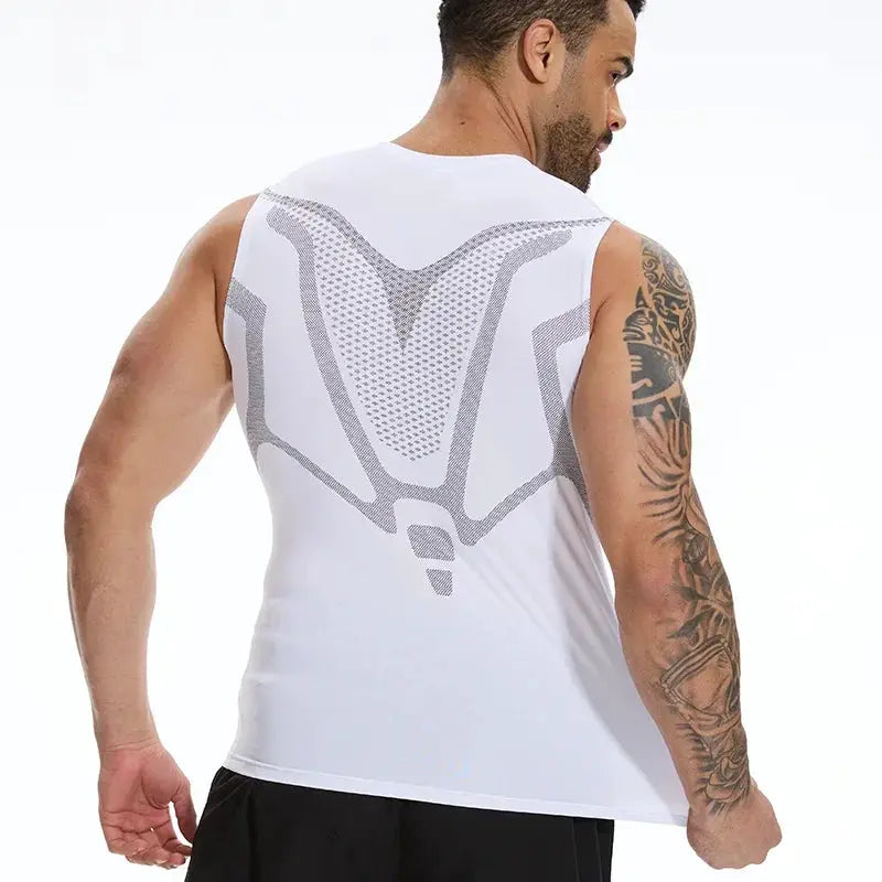 Simples Market men shapewear vest; white sleeveless compression tank with gray back pattern.