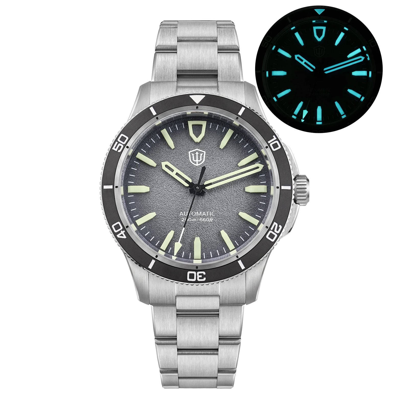 Watchdives Premier WD0019 automatic diver watch with stainless steel bracelet, gray textured dial, ceramic bezel; blue lume inset