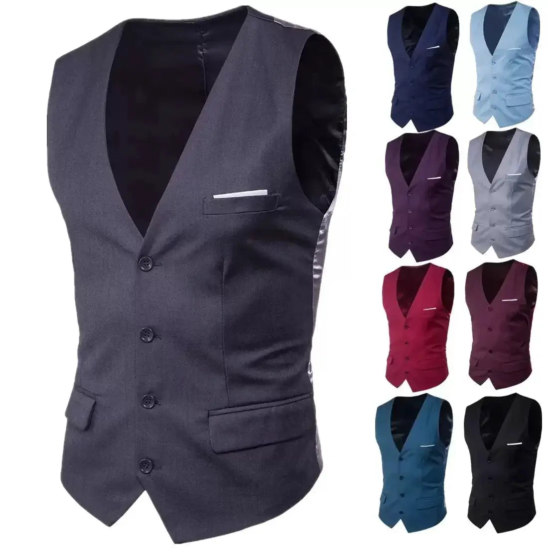 Men's waistcoat set by Simples Market in 9 colors; main dark gray vest with white pocket trim.