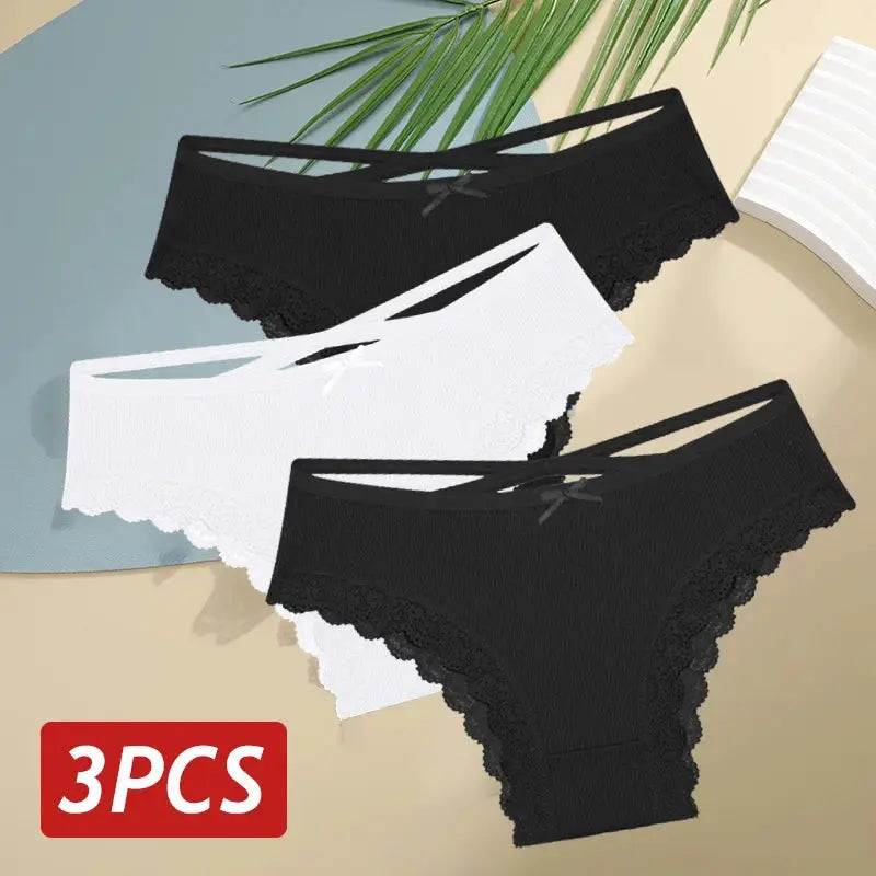 3pcs women cotton lace low-rise panties with bows, black and white