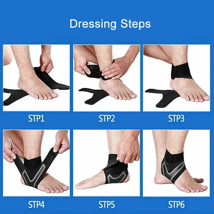 Simples Market ankle brace support compression sleeve, breathable black wrap shown in 6 steps.