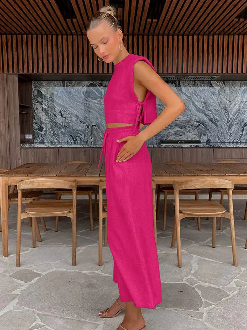 Linen Two Piece Pant Set With Crop Top For Women Spring Summer 2025