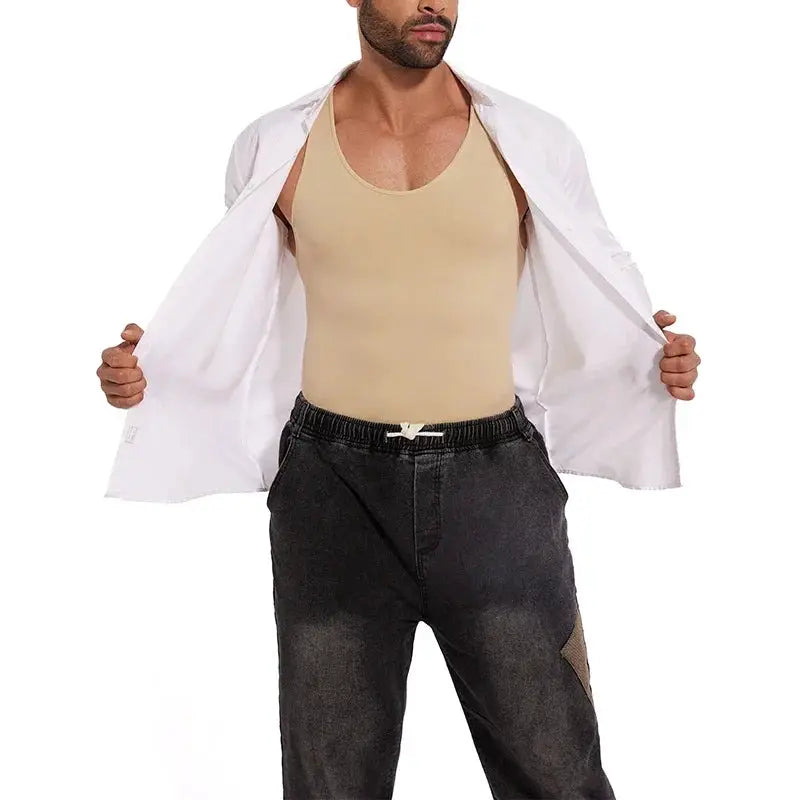 Men's full-body shapewear bodysuit, beige, sleeveless