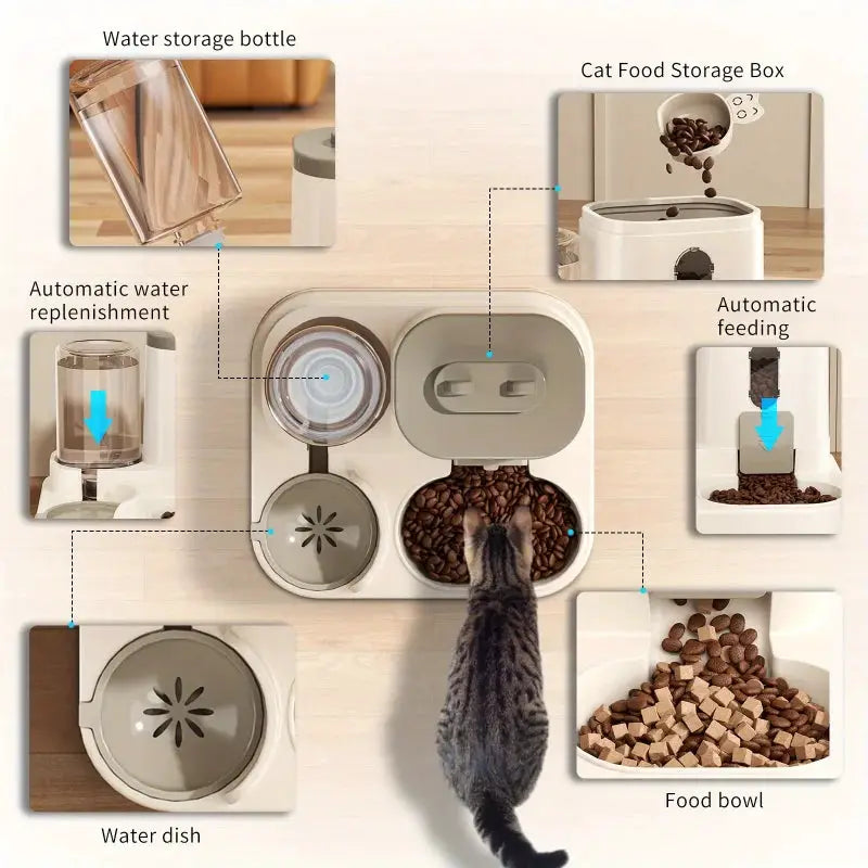 Cat And Dog Automatic Gravity Feeder With Spill Proof Design And Water Fountain Bowl Dual Function Dispenser