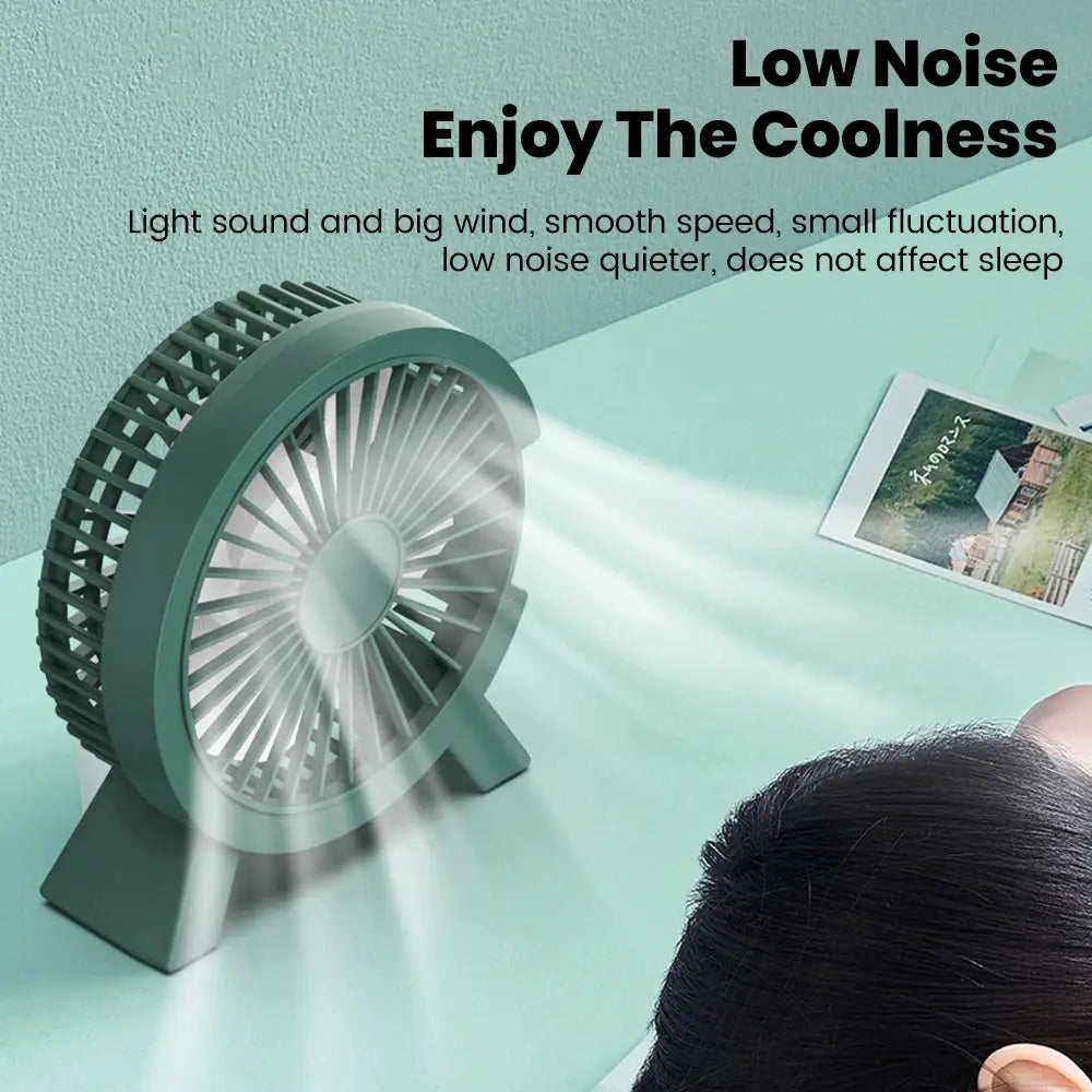 Mini USB rechargeable table fan in teal green; portable desk fan with stand, low-noise operation