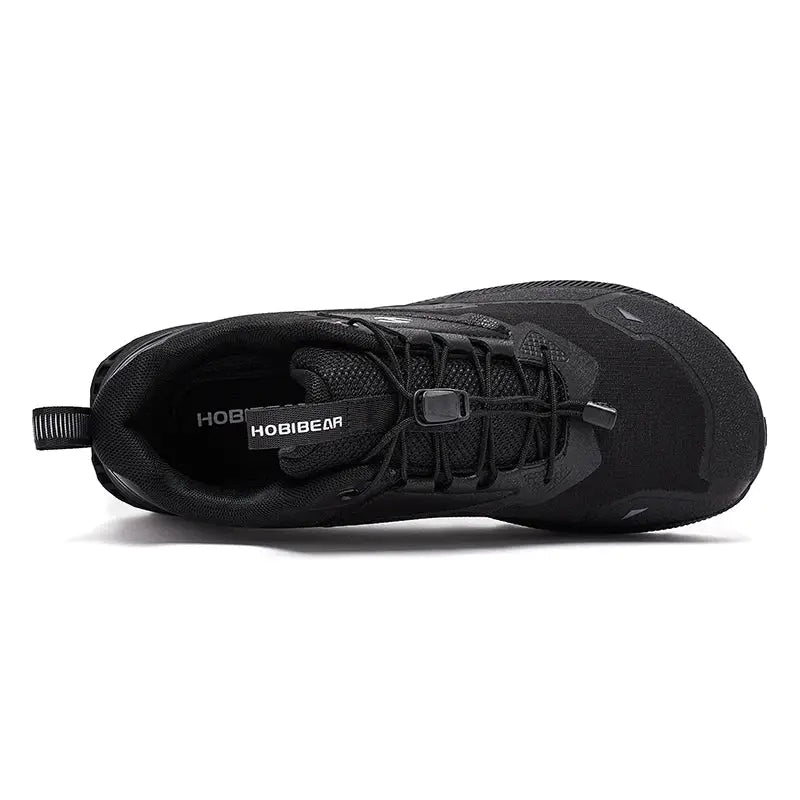 HOBIBEAR black unisex running shoes with lace-up design, lightweight breathable hiking sneakers