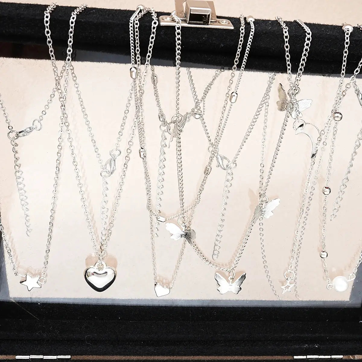 51 Piece Silver Color Chic Jewelry Set For Women With Butterfly Heart Pearl Necklaces Earrings And Rings To Match Outfits