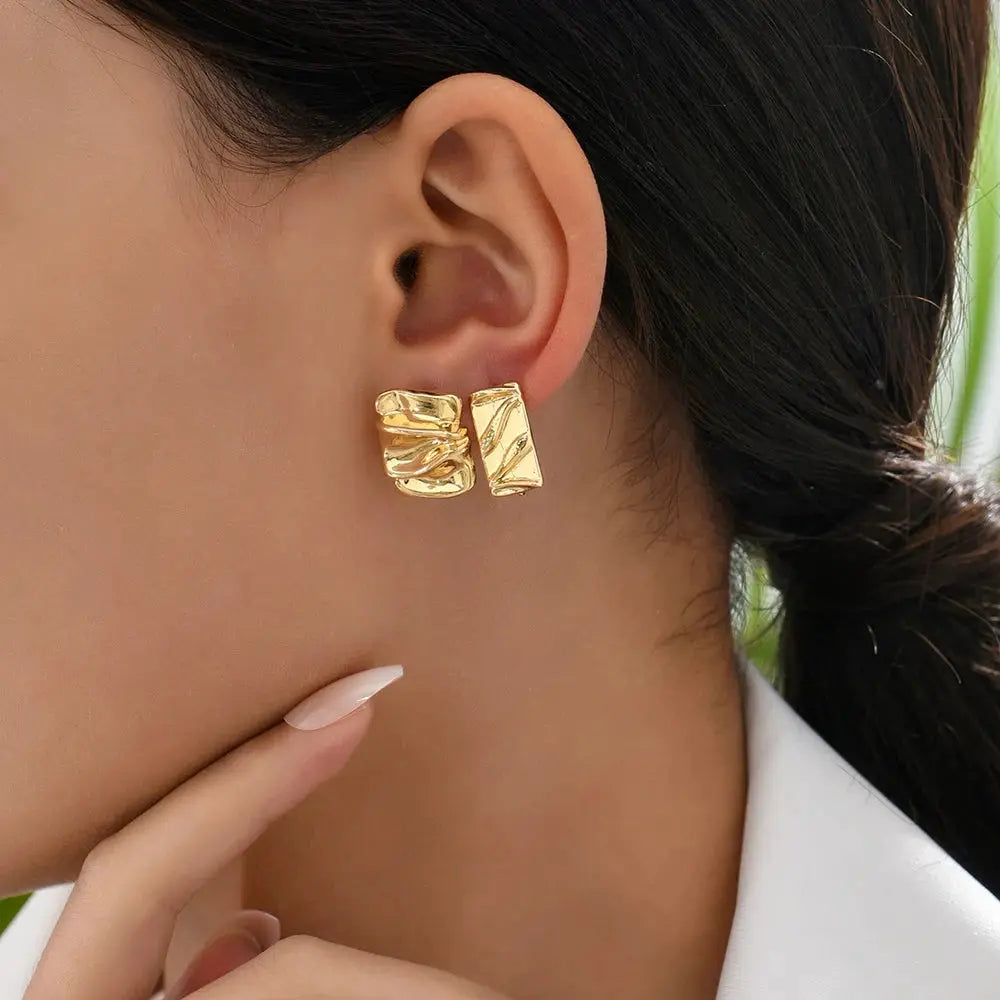 Gold Plated Punk Square Stud Earrings For Women Geometric Pleated Copper Alloy Ear Jewelry Gift For Modern Outfits