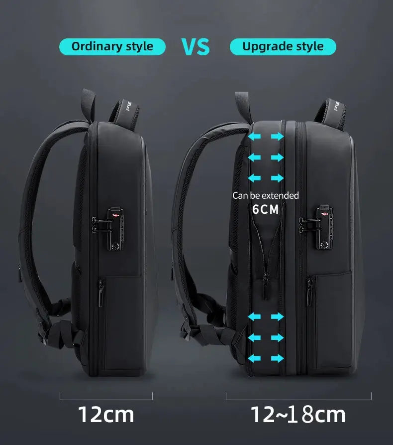 Two Fenruien black laptop backpacks with anti-theft lock; upgrade style expands 12–18 cm, USB charging.