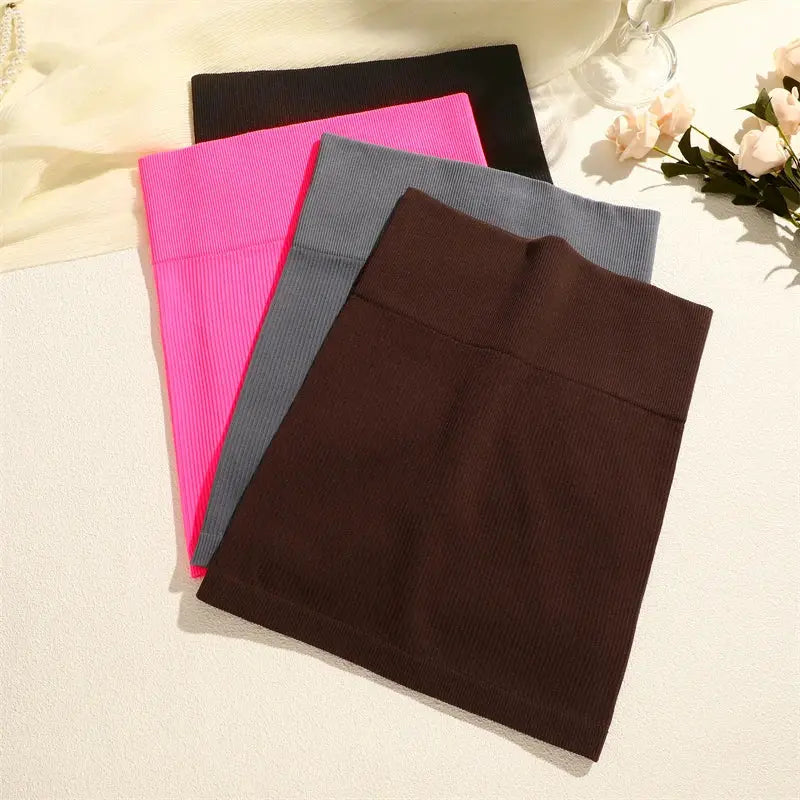 Women ribbed high-waist mini skirts set in four colors (black, brown, gray, pink) by Simples Market