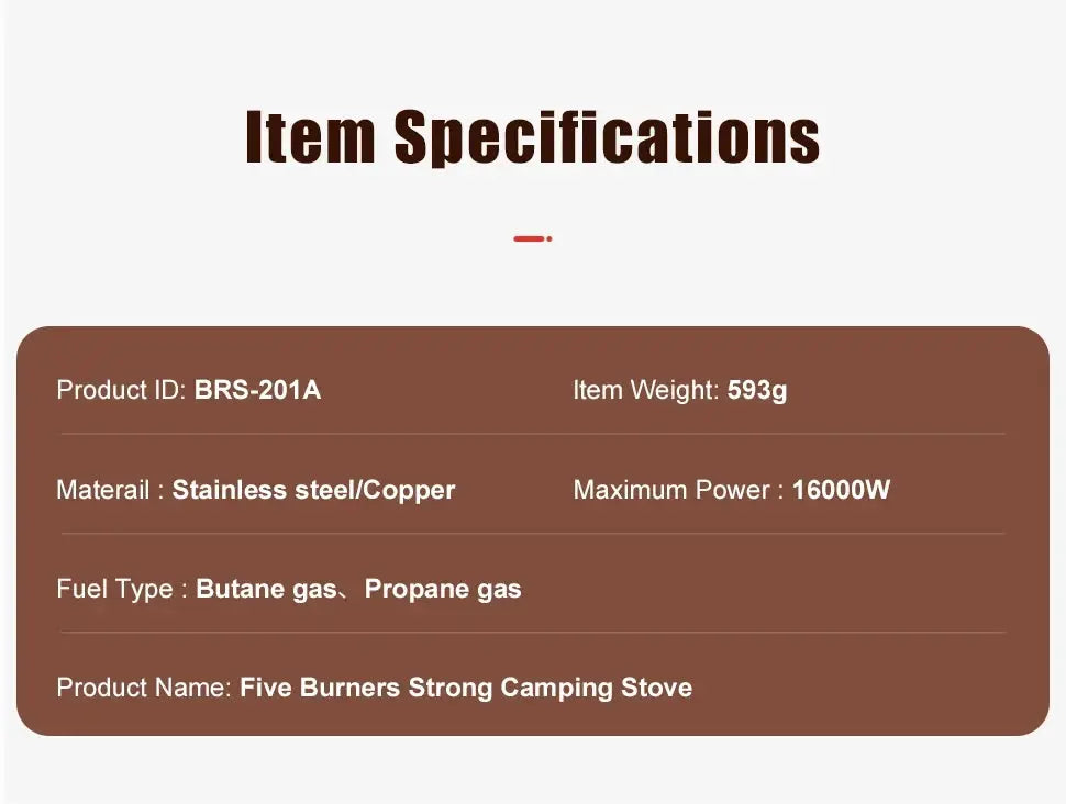 BRS-201A five-burner camping stove specifications: stainless steel/copper, 16000W, butane/propane.