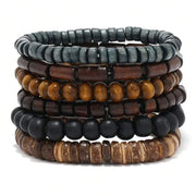 6 Pcs Wodeen Braided Wrap Leather Bracelets For Men Vintage Life Wood Beads Fashion Armband Set