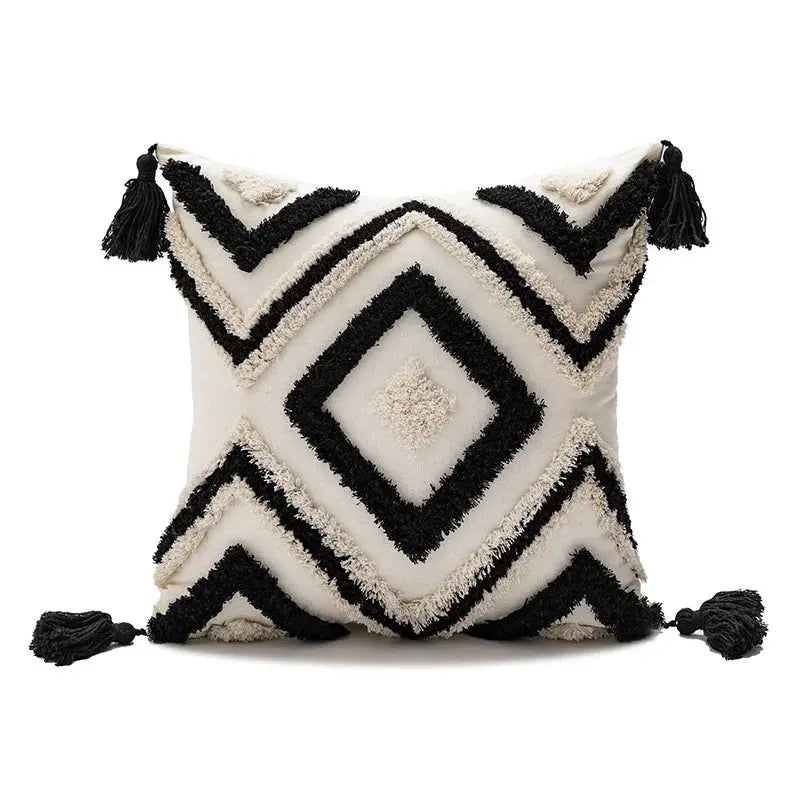 Simples Market decorative square pillow cover with tufted black and cream diamond motif and tassels