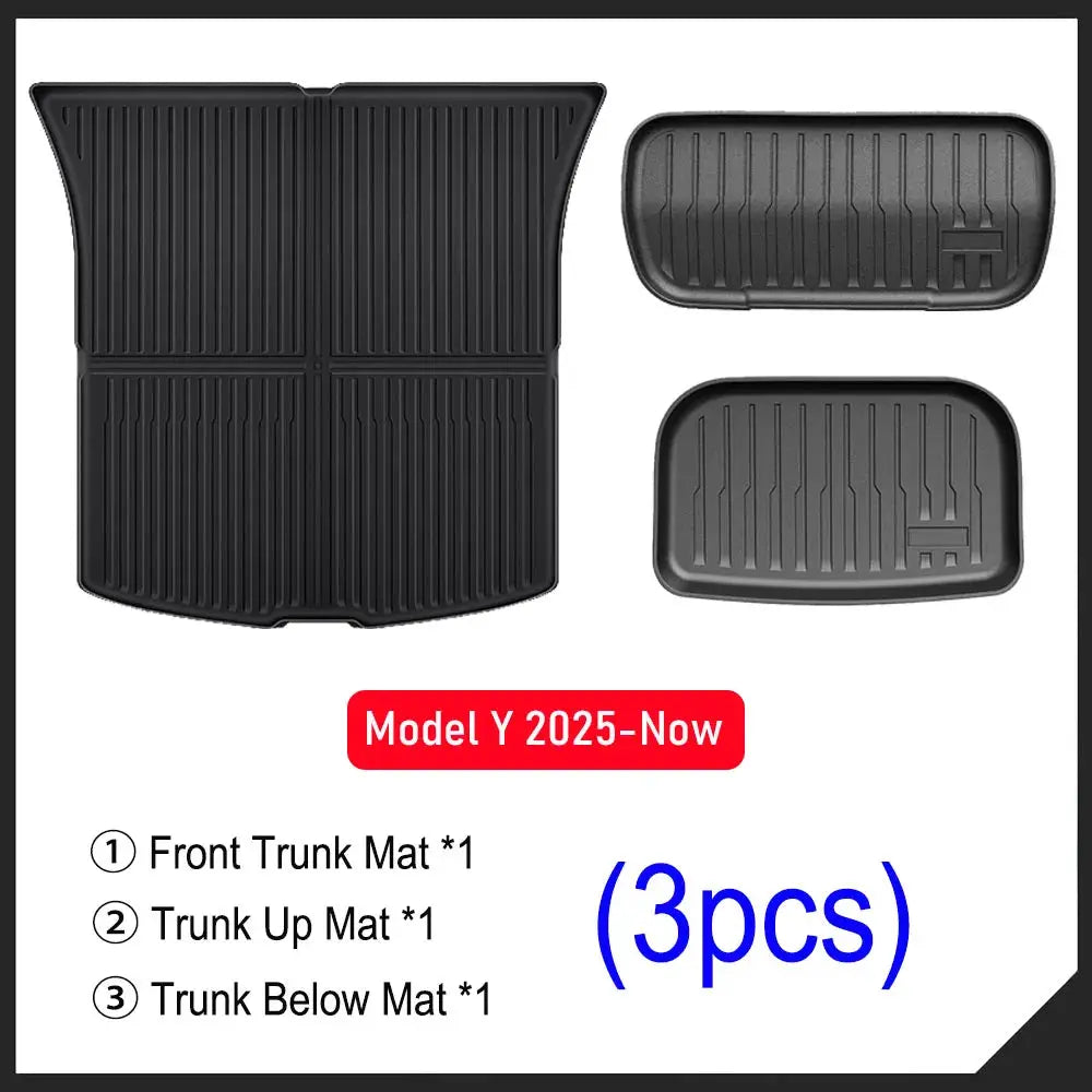 Front Rear Trunk Mat set for Tesla Model Y 2025–Now by Simples Market, black rubber 3-piece mats