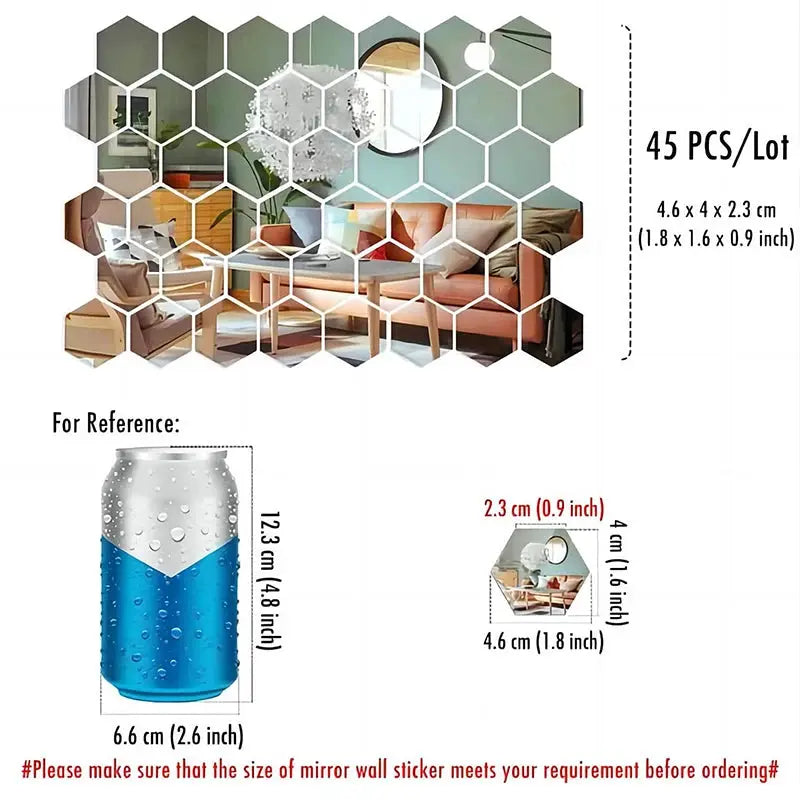45 Pieces Hexagon Mirror Wall Sticker Set Acrylic DIY Decorative Tiles For Living Room And Bedroom