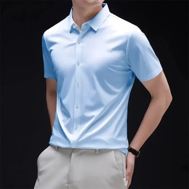 Mens Business Casual Short Sleeved Solid Color Shirt Wrinkle Resistant Wrinkle Free Comfortable All Season Versatile Top
