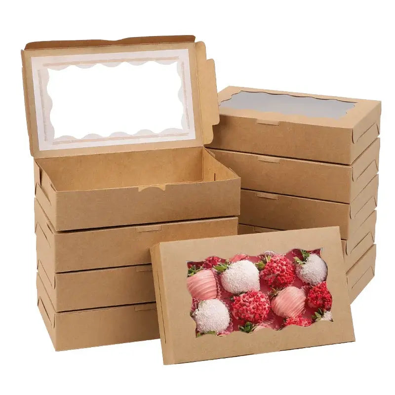 Brown kraft gift boxes with clear window lids, stackable party favor packaging (5–20 pcs)