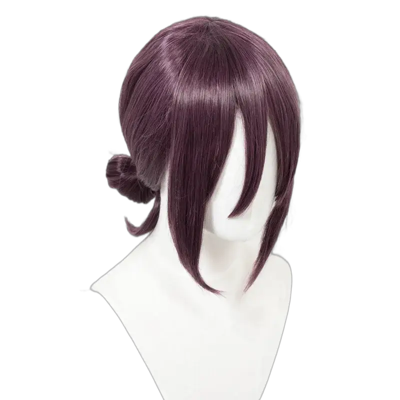 ND Reze cosplay wig by Simples Market in deep purple, heat-resistant synthetic hair with side bangs.