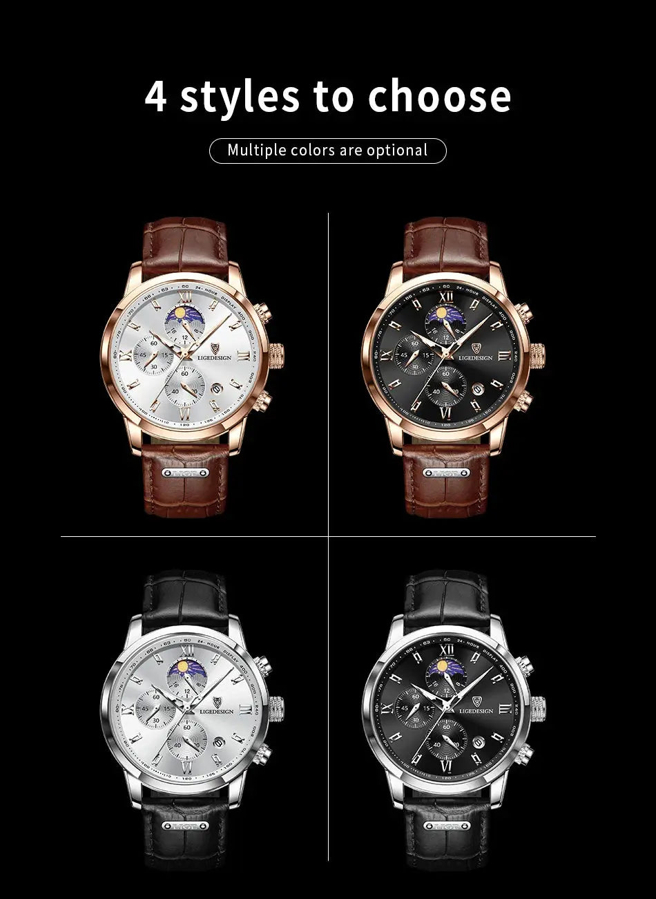 LIGE men's casual watch quartet with brown/black leather straps and white/black dials; rose-gold and silver cases.