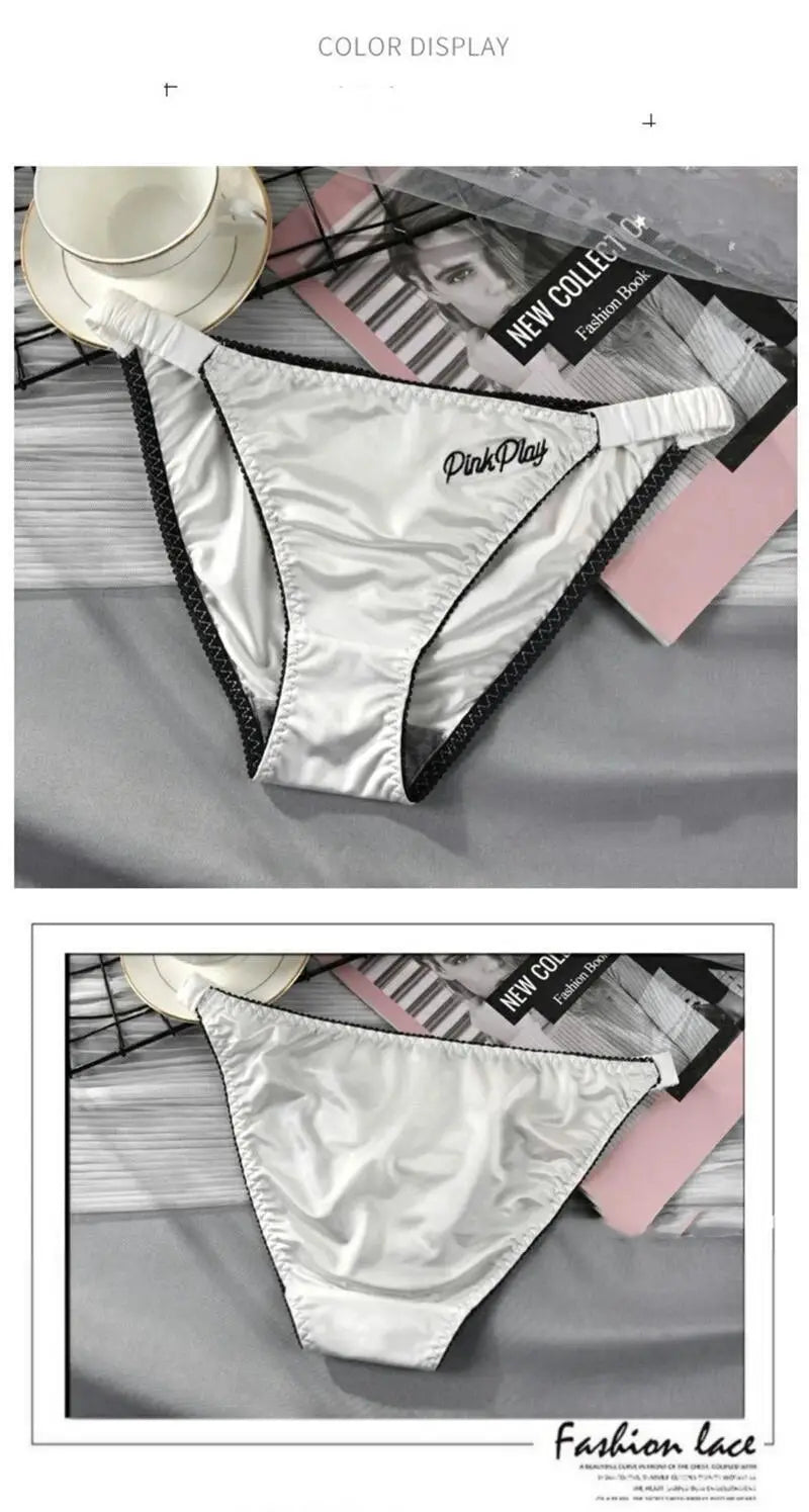 Girls satin panties with PinkPlay embroidery, white-silver briefs with black edging and elastic waistband