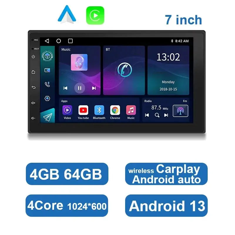 Black 7-inch car stereo head unit with Android Auto and CarPlay, 4GB/64GB, Android 13