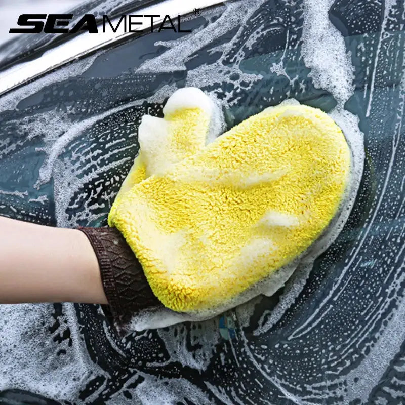 SEAMETAL microfiber car washing glove, double-faced yellow coral fleece for car detailing