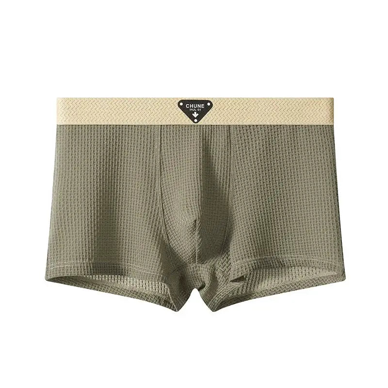 Men's boxer briefs in olive textured fabric with a beige elastic waistband; CHUNE logo on the waistband.
