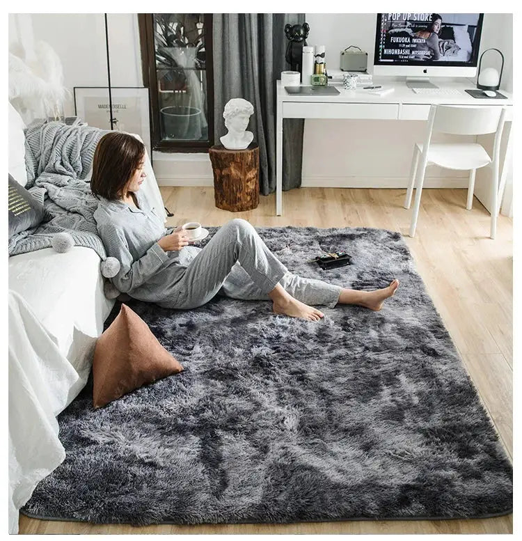 Kids carpet gray shaggy rug, large soft living-room mat on wood floor.