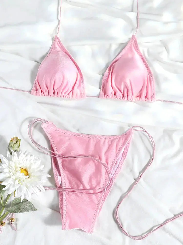 Sexy Triangle Bikini Set For Women Micro Thong Swimsuit Bandage Beachwear With Print Bathing Suit