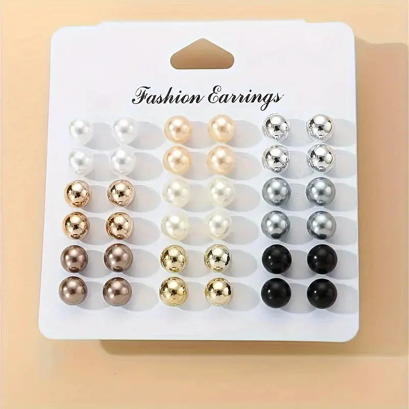 18-pair multicolor imitation pearl stud earrings set with Korean ball-bead design
