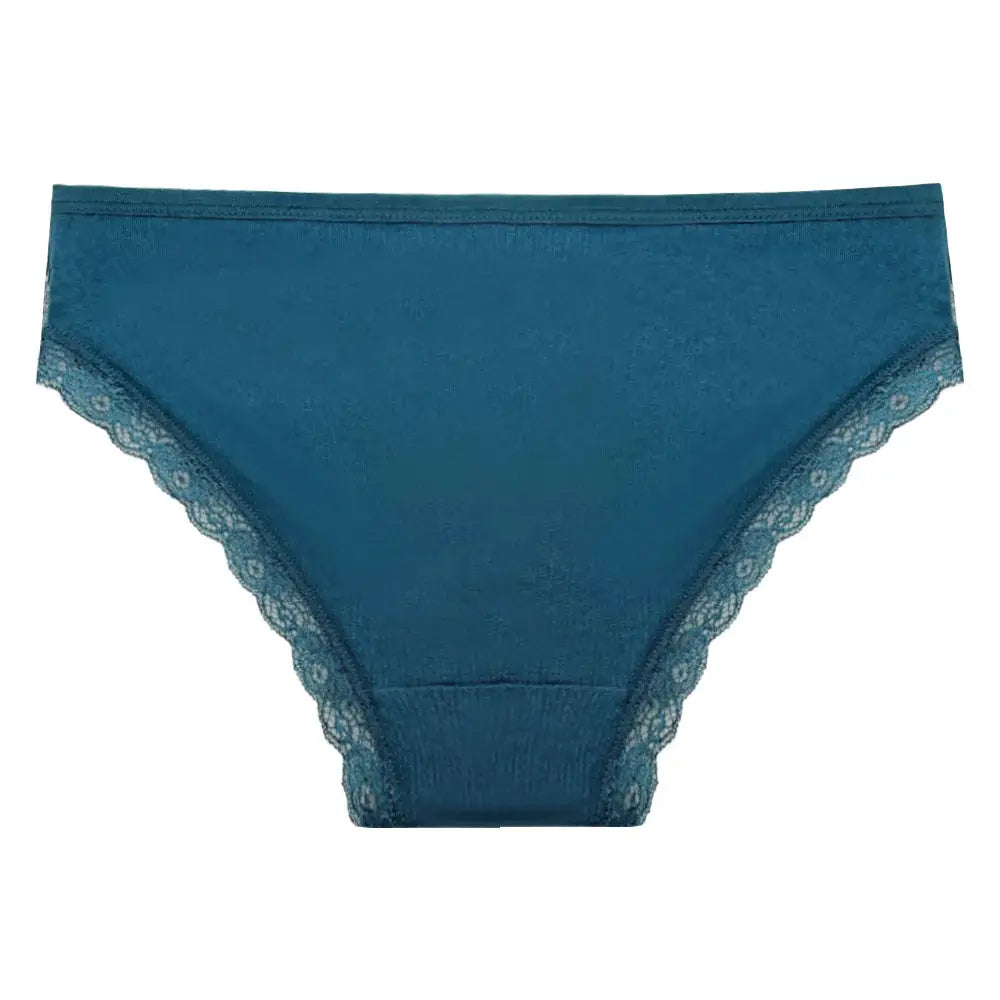 Women's teal lace-trimmed low-rise cotton panty for lingerie