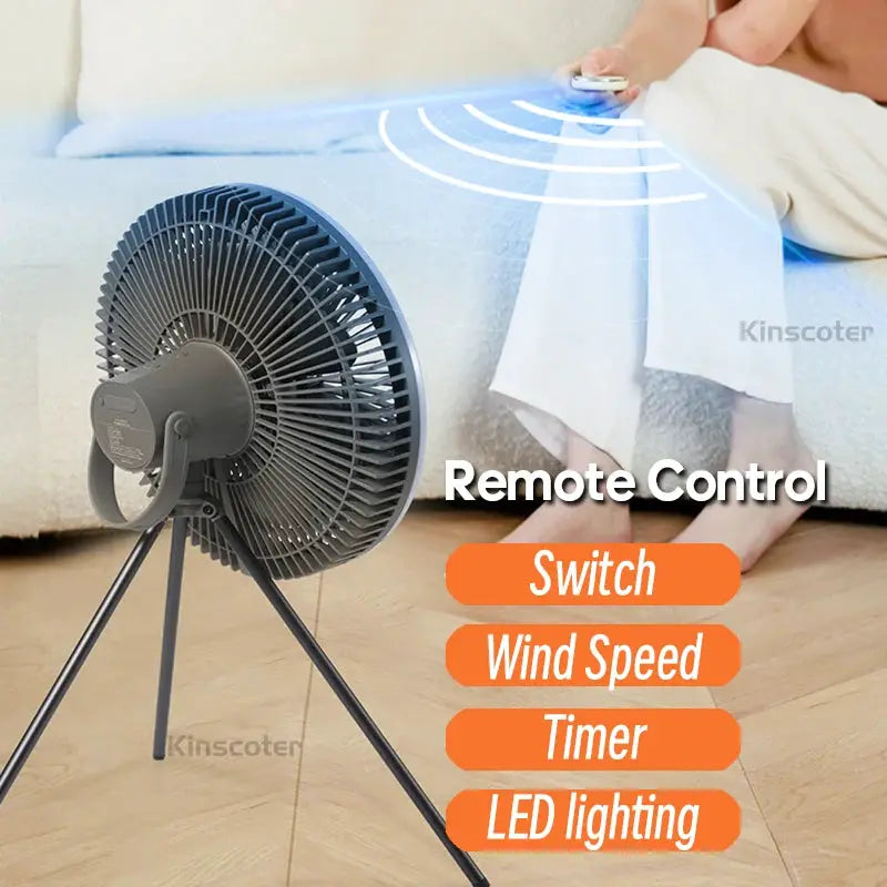 KINSCOTER 10000mAh gray outdoor camping fan on tripod with LED lighting and remote control by Simples Market
