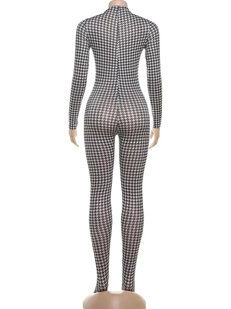 Sisterlinda jumpsuit black and white houndstooth, turtleneck full-sleeve, skinny fit back view