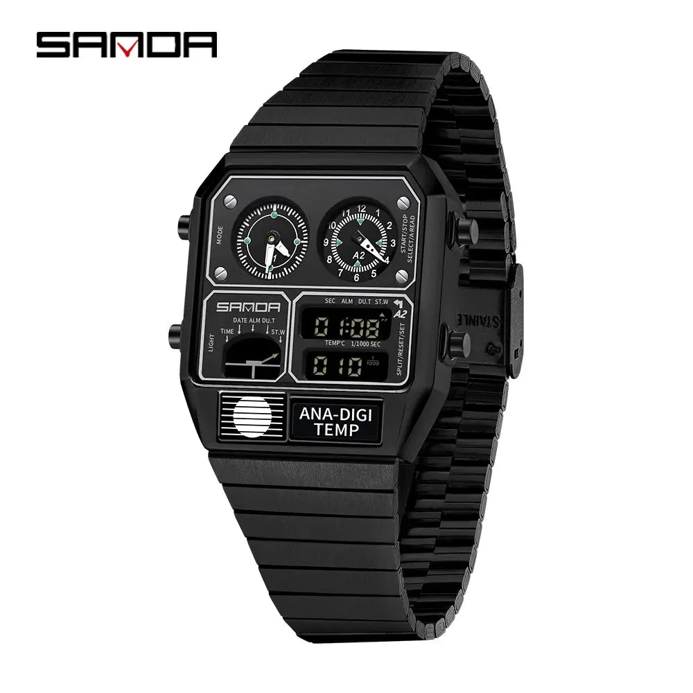 Sanda 3192 Mens Square Digital Analog Watch Waterproof Led Thermometer Stopwatch Sporty Durable Timepiece