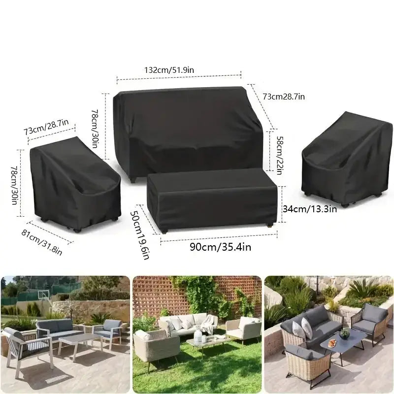 Set of 4 black patio furniture covers by Simples Market; heavy-duty waterproof, windproof outdoor covers for rattan furniture.