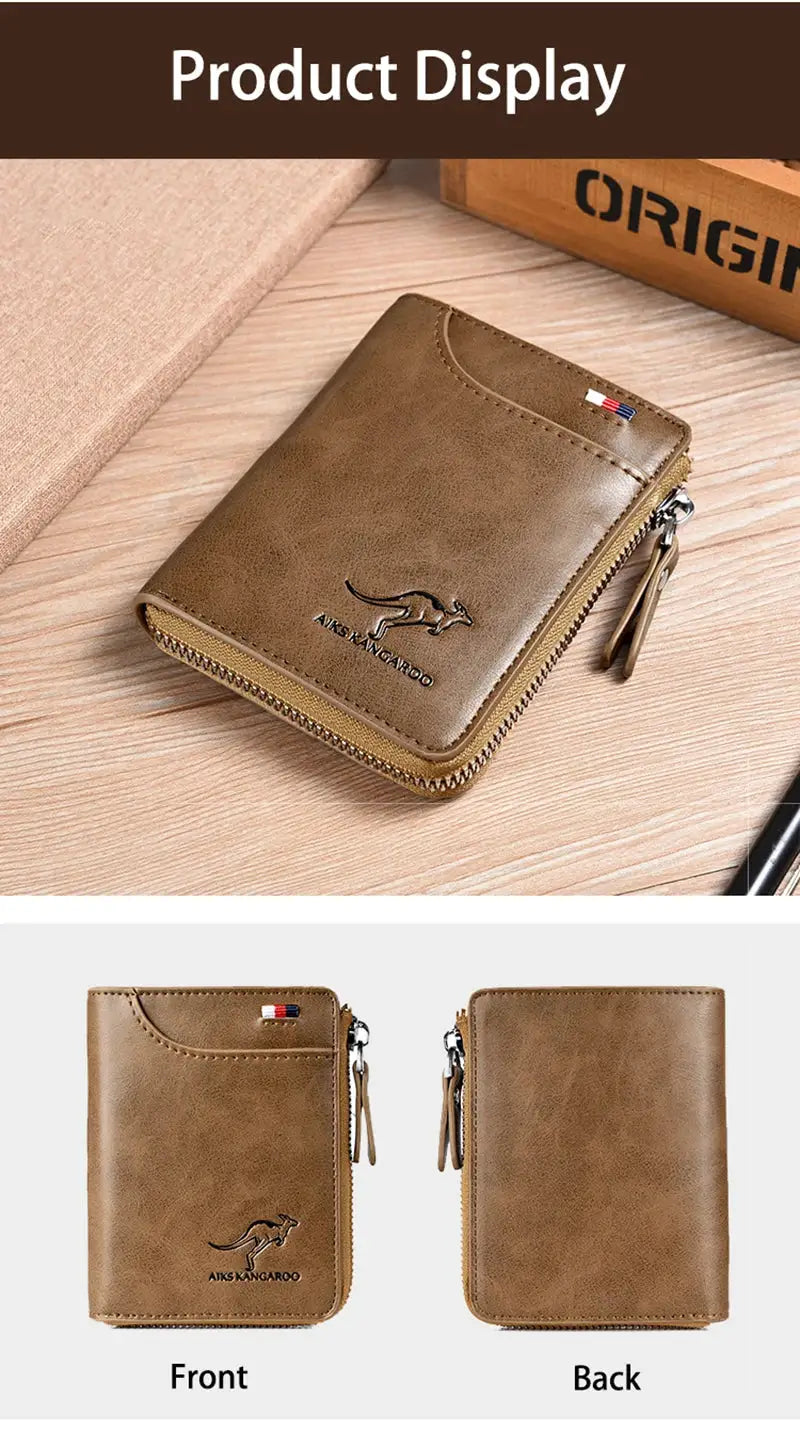 Men's brown leather zip wallet with AITS KANGAROO logo